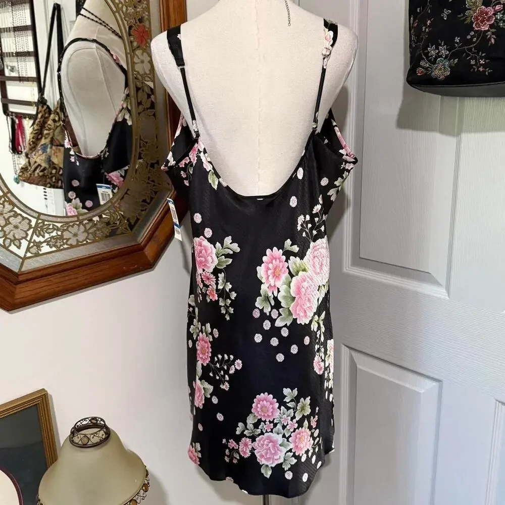 NWT Y2K Morgan Taylor Black & Pink Floral Dark Coquette Romantic Satin Slip XL - Picture 5 of 8
